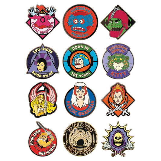 Display de 12 blind boxes Masters of the Universe - pin’s mystère - ensemble des pin’s