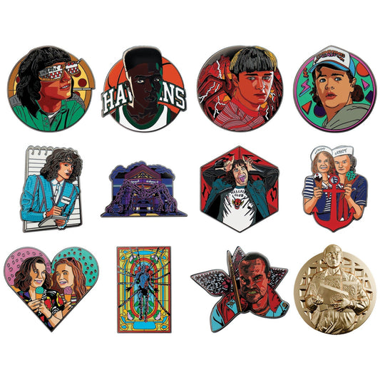 Display de 12 blind boxes Stranger Things - pin’s mystère - ensemble des pin’s