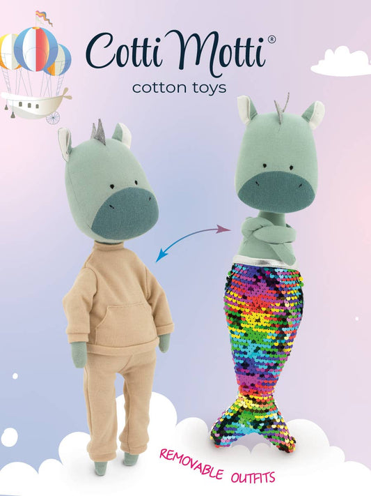 Peluche Andy le Dragon : Ensemble Tenue Beige et Queue de Sirène - 29 cm
