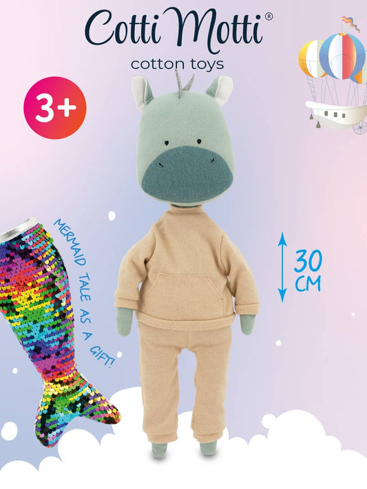 Peluche Andy le Dragon : Ensemble Tenue Beige et Queue de Sirène - 29 cm