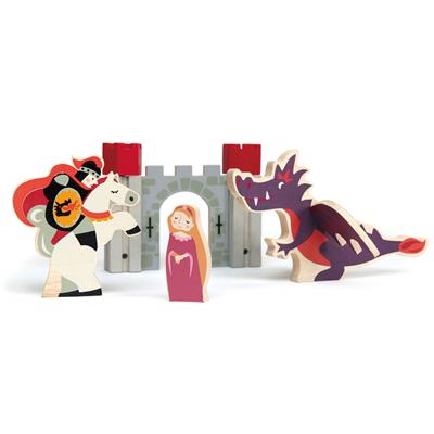 Tender Leaf Châteaux: CONTES DE CHEVALIER ET DE DRAGON 26x20x12cm, set d'extension pour chateaux, avec cheval, princesse et dragon, en bois, en boîte 17x4x20,8cm, 3+