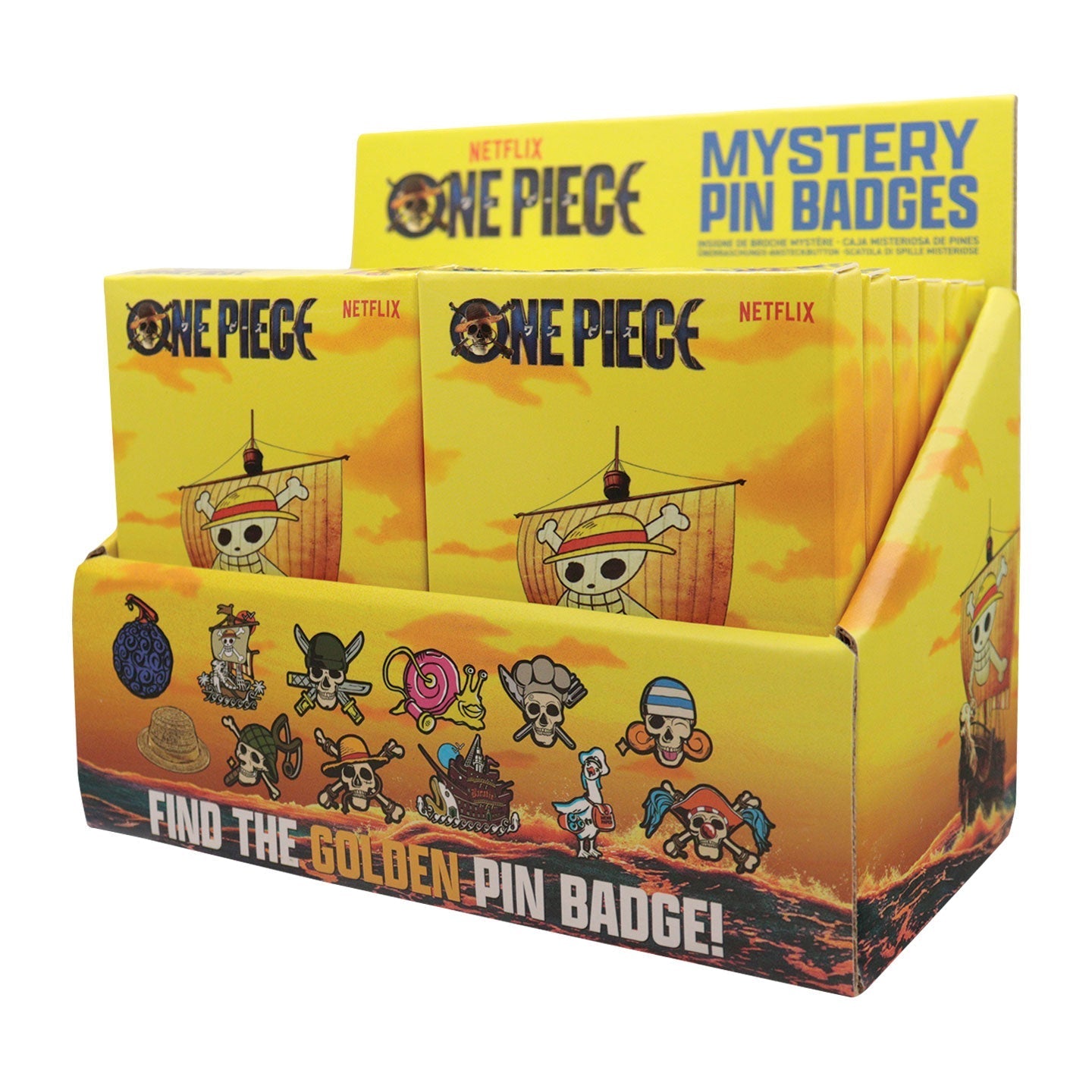 Display de 12 blind boxes One Piece - pin’s mystère - présentoir angle