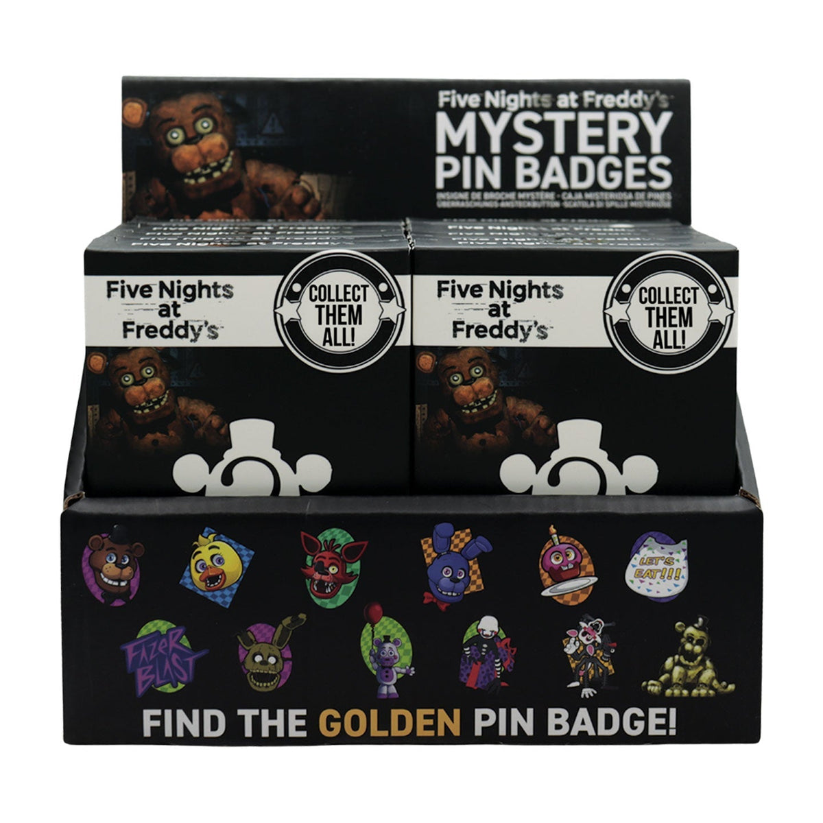 Display de 12 blind boxes Five Nights at Freddy’s - pin’s mystère - présentoir avant