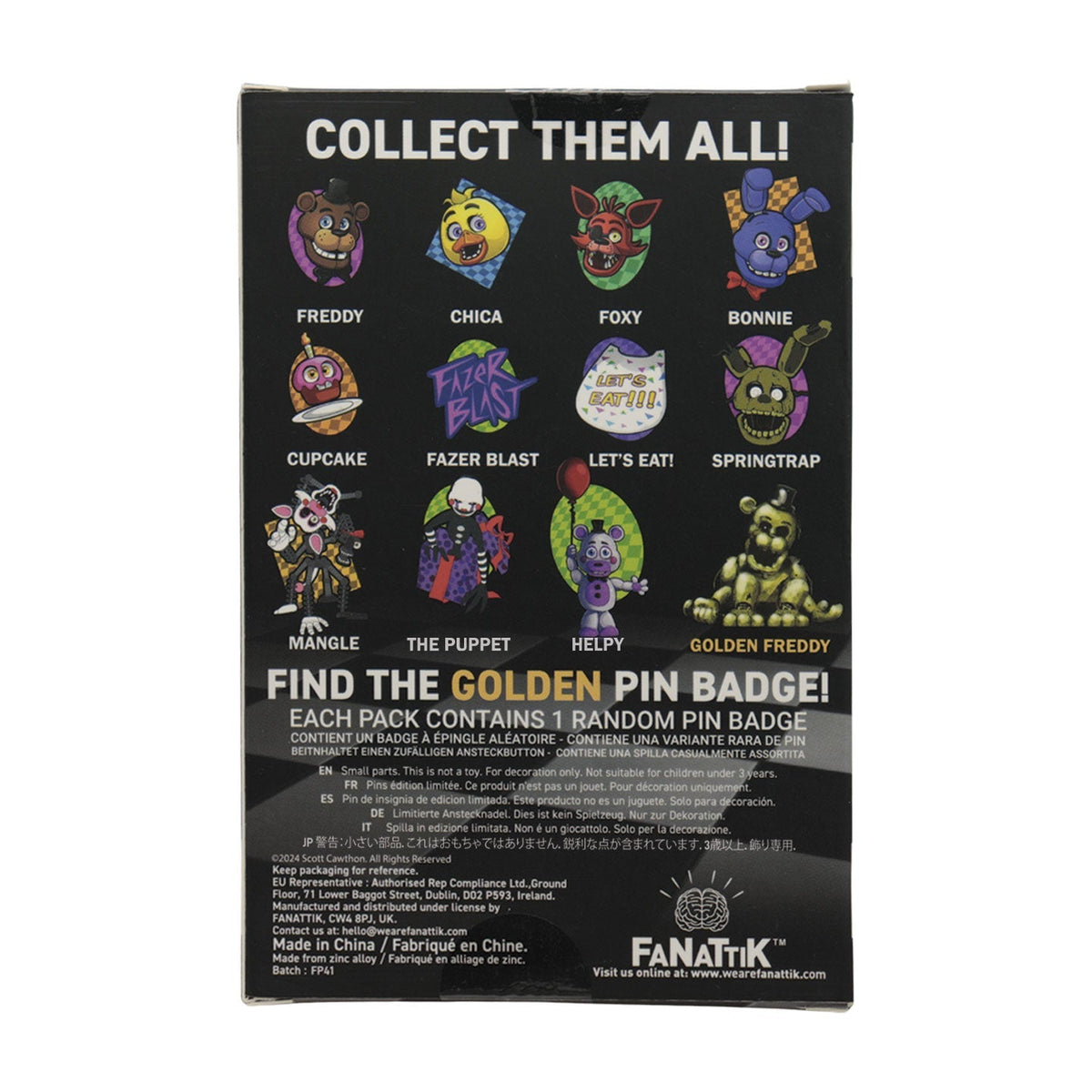 Display de 12 blind boxes Five Nights at Freddy’s - pin’s mystère - packaging arrière