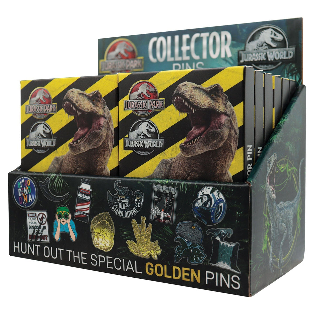 Display de 12 blind boxes Jurassic Park & Jurassic World - pin’s mystère - présentoir angle