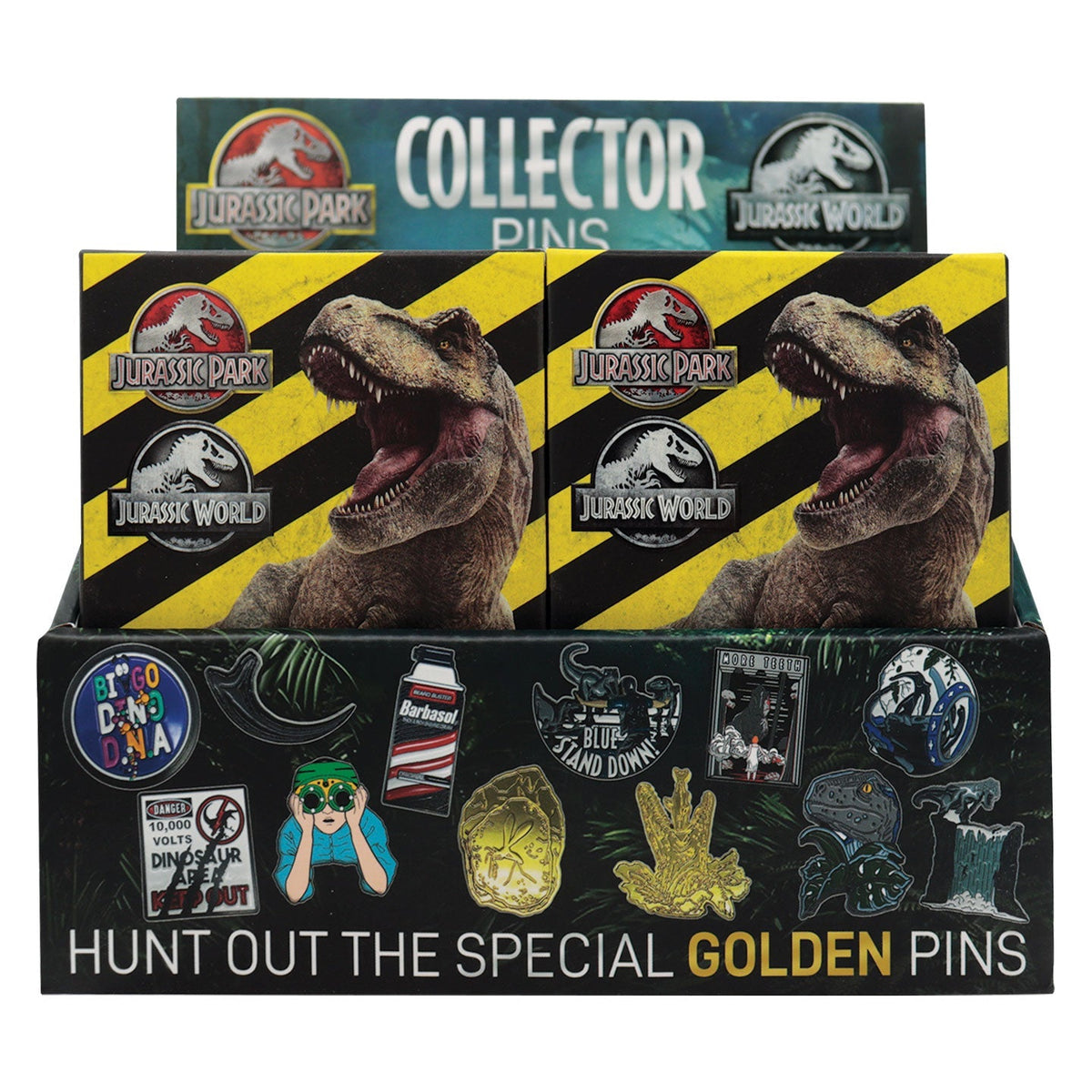 Display de 12 blind boxes Jurassic Park & Jurassic World - pin’s mystère - présentoir avant