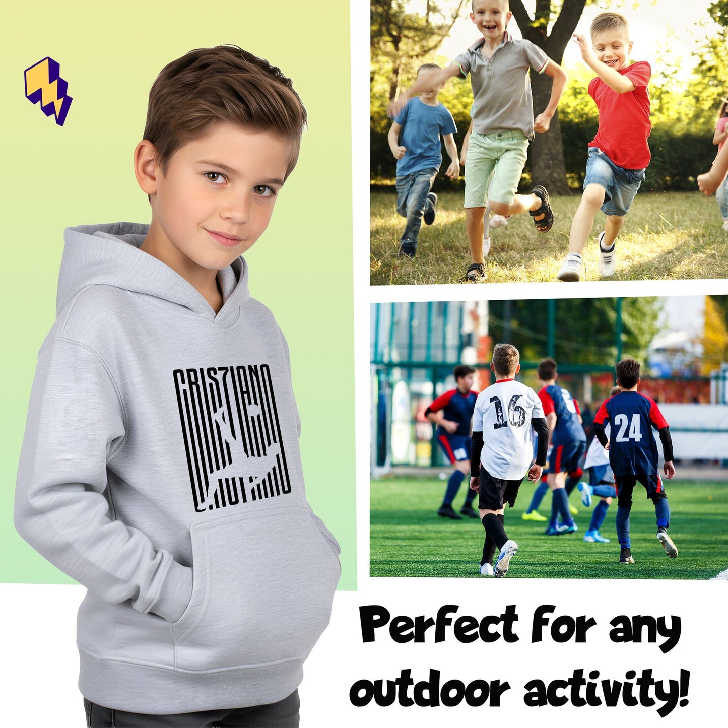 Sweat à capuche football – Fringoo gaming gris for Boys Cotton Rich Soft Hooded – Cristiano Kick gris
