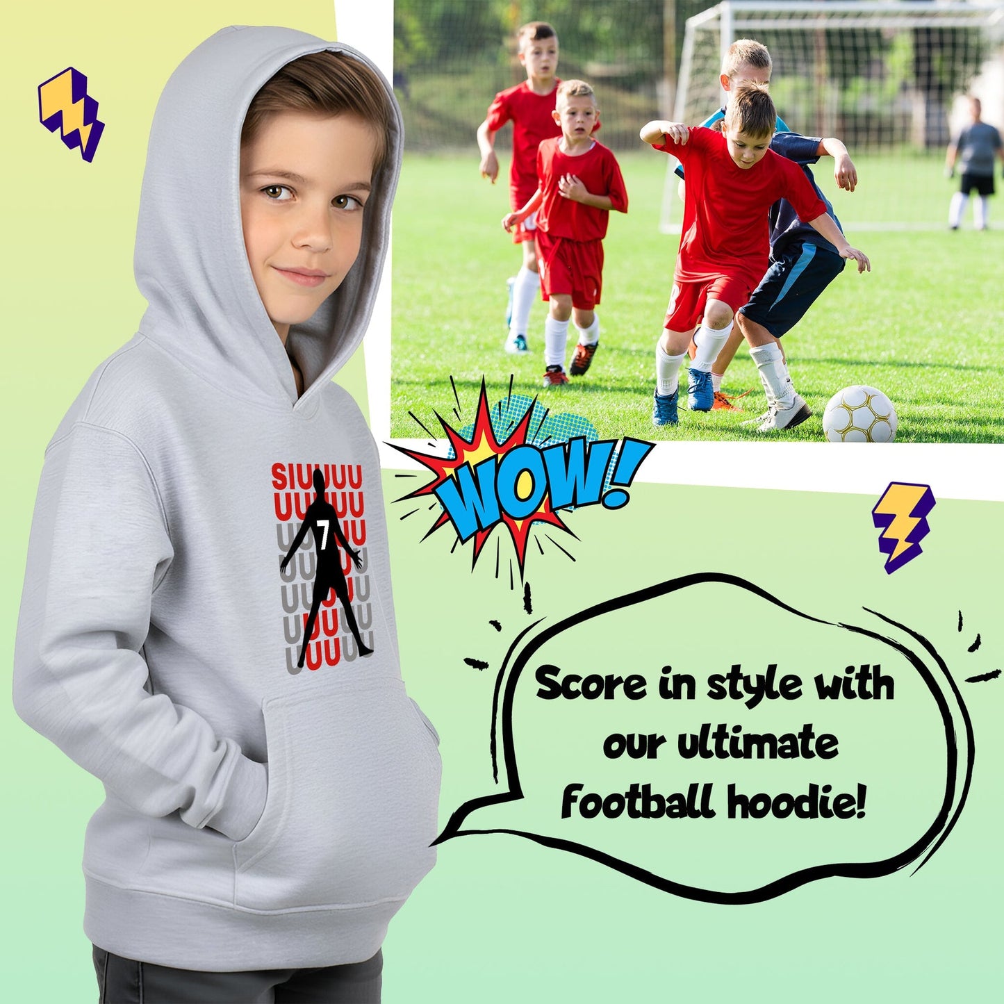 Sweat à capuche football – Fringoo gaming gris for Boys Cotton Rich Soft Hooded – Cristiano SIUUU gris