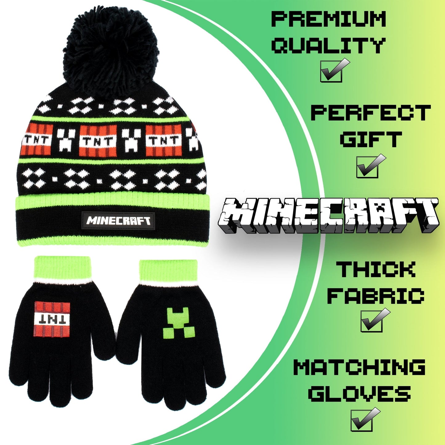 Ensemble bonnet et gants – Minecraft Set – noir TNT